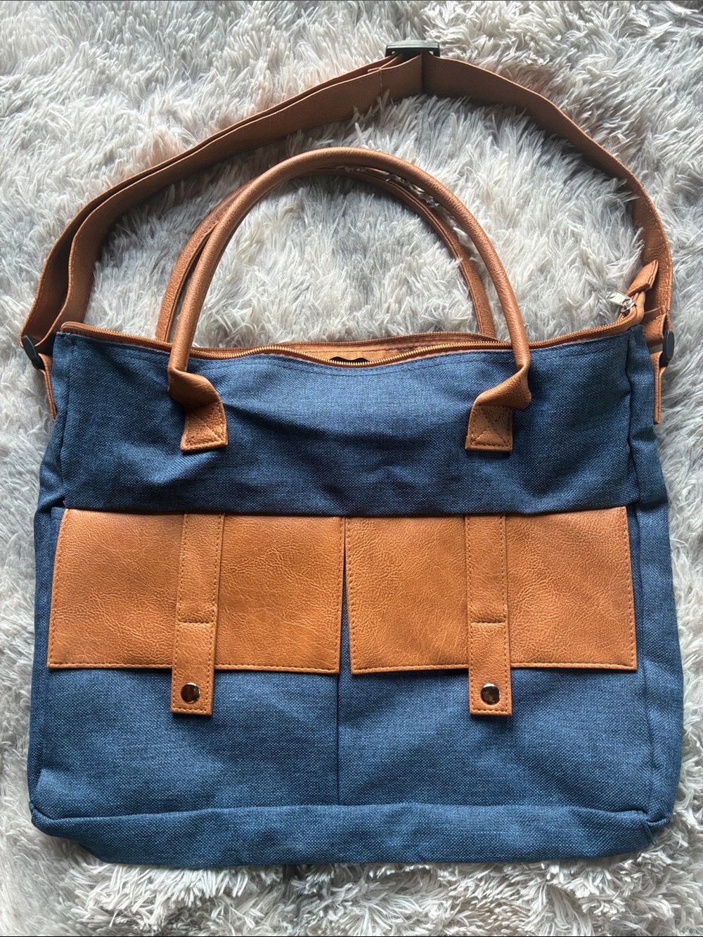 Blue Canvas and Tan Faux Leather Tote Bag 14” x 11”